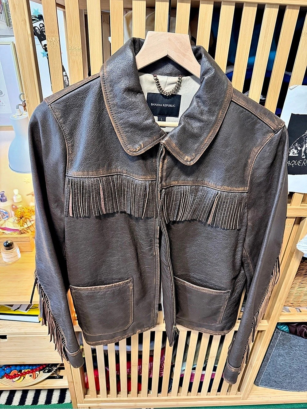 Authentic 100 leather Banana Republic Fringe Leather Jacket in Brown Like New